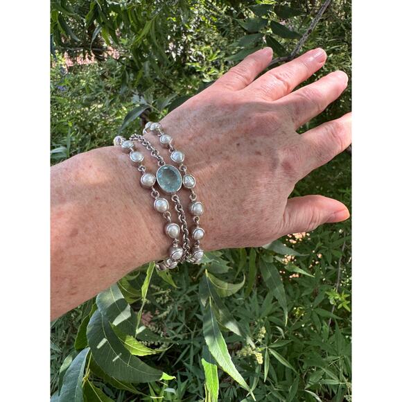Aquamarine Pearl Sterling Handmade Chain Multi Strand Bracelet 925 Silver - Picture 4 of 5